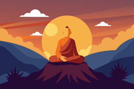 Buddhist monk meditating on mountain at sunrise. Spiritual contemplation with breathtaking landscape. Concept of Buddhism, prayer, zen, and spiritual enlightenment at dusk. Graphic artのイラスト素材
