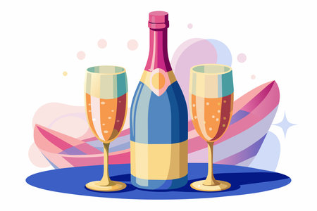 Champagne bottles and flute glasses. Isolated on white backdrop. Graphic illustration. Concept of celebration, luxury drink, dining elegance, upscale diningのイラスト素材