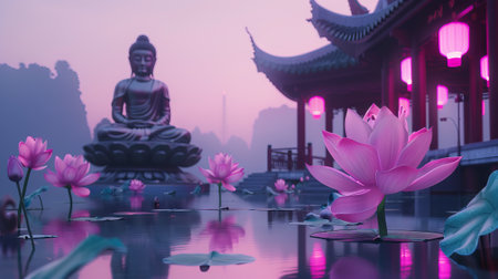 Meditative Buddha statue in lotus position. Tranquil Buddhist sculpture. Symbol of Buddhism. Concept of Zen, meditation, religion, peace, spiritual awakening. Copy Spaceの素材