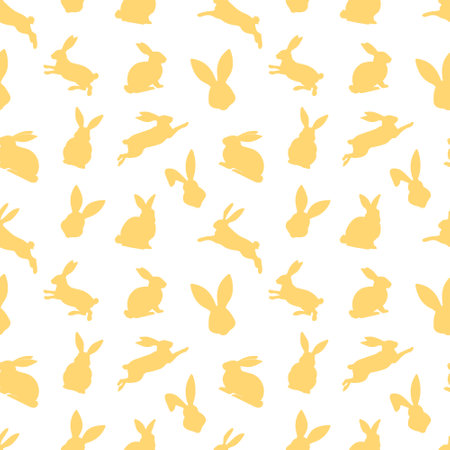 Easter seamless pattern of yellow rabbit silhouettes in different actions. Festive Easter bunnies design. Isolated on white background. For Easter decoration, wrapping paper, greeting, textile, printのイラスト素材