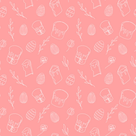 Seamless pattern of Easter eggs, Easter Kulich cakes and floral elements. Continuous one line drawing. Red backdrop. Festive design. Easter decoration, wrapping paper, greeting, textile, printのイラスト素材