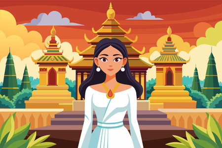 Thai woman in traditional white attire against backdrop of Buddhist temple. Graphic art. Concept of spirituality, tradition, Asian culture, peaceful meditationのイラスト素材