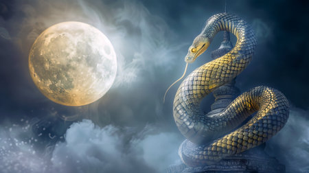 Mystical serpent coiled around an ancient temple under a full moon. Ethereal snake sculpture against a moonlit sky. Concept of fantasy, mythology, and mystery.の素材
