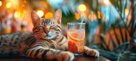 Cat beside a tropical cocktail. Young feline with a drink in a summer setting. Concept of summer relaxation, pets in leisure, holidays, summer vibes, vacation, Banner. Copy spaceの素材