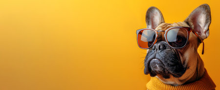 French Bulldog in stylish glasses against a yellow backdrop. dog with eyewear, showcasing intelligence. Concept of pet fashion, smart animals, canine fashion. Banner. Space for textの素材