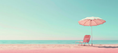 Sandy beach with orange umbrella and chair. Beach chaise lounge and umbrella against blue sky. Concept of peaceful retreat, seaside relaxation, vacation ambiance, and leisure. Banner. Copy spaceの素材
