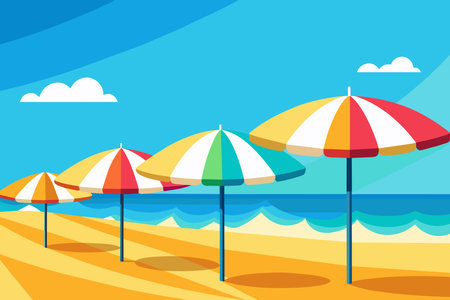 Colorful beach umbrellas lined up on a sandy beach with clear blue skies and bright sunlight. Concept of beach resort, summer vacation, sun protection, and leisure. Graphic illustrationのイラスト素材