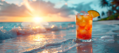 Refreshing tropical cocktail against blurred ocean background. Vibrant drink in natural setting. Concept of summer drinks, refreshing beverages, exotic cocktails, leisure. Banner. Copy spaceの素材