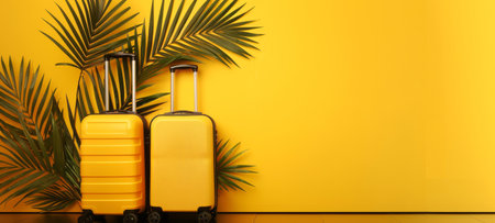 Yellow suitcases on yellow background with tropical palm leaves. Travel luggage ready for holiday. Wide Banner. Copy space. Concept of vacation, travel gear, tropical destination, journey preparationの素材