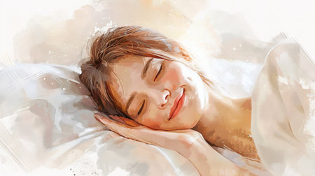 Watercolor painting of a woman sleeping peacefully on a soft cozy pillow. Artistic portrait of a resting female. Concept of relaxation, rest, deep sleep, tranquility, and beauty in sleep.の素材