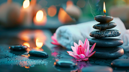 Serene setup of zen stones, lotus flower, and candles, creating a peaceful meditation space. Concept of tranquility, spiritual wellness. Copy spaceの素材