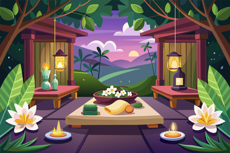 Empty Thai spa treatment room. Spa interior. Concept of relaxation, massage room, wellness, tranquility, indulgence. Graphic illustration. Print, textile design elementのイラスト素材