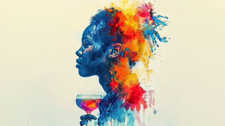 Watercolor painting of an African American woman holding a wine glass, with vibrant splashes of color. Concept of art, creativity, cultural diversity, relaxation, vacation, solitude.の素材
