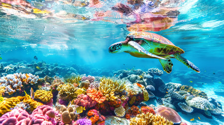 Sea turtle swimming in ocean waters. Detailed turtle amidst underwater flora. Concept of wildlife conservation, marine biology, natural underwater beauty.の素材