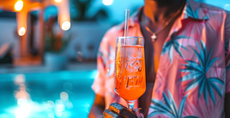 Close-up of a refreshing cocktail in hand with a stylish tropical shirt background, at a pool party. Vibrant evening social scene. Concept of summer gatherings, refreshment, and leisure. Copy space.の素材