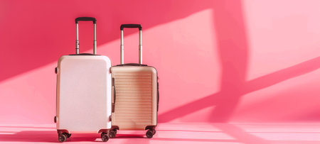 Two modern pink luggage sets on a pink background. Two suitcases ready for travel. Concept of travel, vacation, simple design, journey preparation, minimalism. Wide Banner. Copy spaceの素材