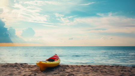 Kayak positioned on a beach overlooking the ocean. Beachfront scene with an orange kayak prepared for paddling. Concept of beach exploration, marine leisure, active vacations, and seaside adventures.の素材
