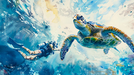 Scuba diver swims alongside majestic sea turtle in clear blue waters. Close-up interaction with turtle. Concept of ocean exploration, marine life protection, diving adventures. Watercolor.の素材