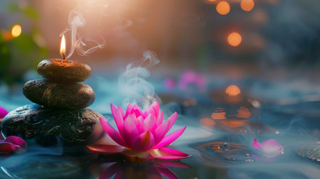 Warm candlelight, lotus flower and massage stones in calm and serene spa environment. Concept of meditation, relaxation therapy, and tranquil wellness. Banner. Copy spaceの素材