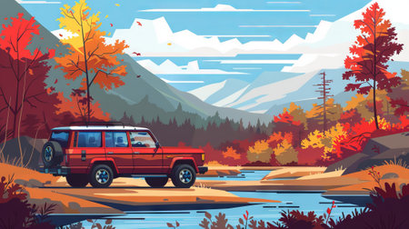 Vintage SUV by a river in autumn scenery. Classic car near a stream in a fall landscape. Concept of adventure, nature exploration, fall travel, and scenic views. Digital art.の素材
