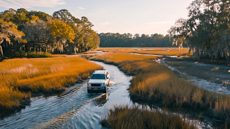 White SUV driving through a wetland area. Vehicle traversing muddy terrain in the wilderness. Concept of off-road adventure, nature exploration, outdoor travel, and rugged landscape.の素材