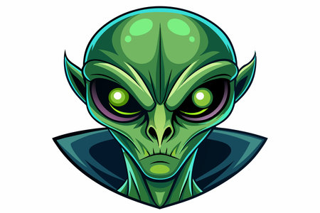 Green alien head with large eyes isolated on white background. Portrait of a humanoid in a cartoon...
