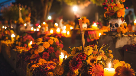 Traditional Mexican Day of the Dead altar with candles and flowers. Classic Mexican altar with marigolds. Concept of cultural celebration, remembrance, heritage, tradition. Halloween.の素材