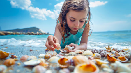 Young Caucasian girl collecting seashells on a sandy beach. Little girl gathering shells on the shore. Concept of childhood exploration, beach vacation, nature.の素材