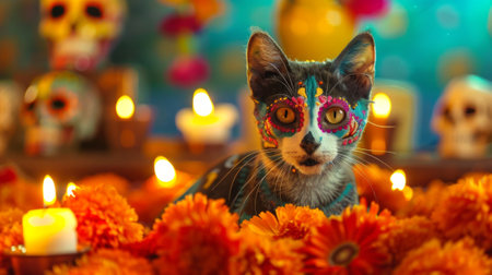 Cat with decorative face paint among orange marigolds. Feline adorned for festive celebration Day of the Dead. Concept of animal decoration, cultural events, festive design.の素材
