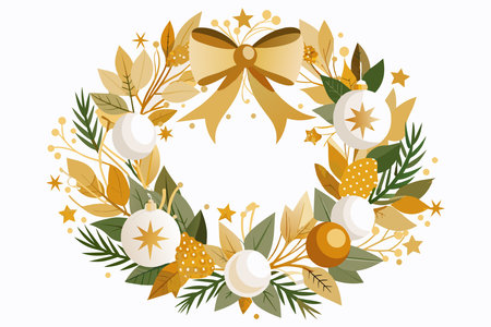 Christmas wreath with golden and white festive ornaments. Isolated on white background. Graphic illustration. Concept of luxury Christmas decoration. Print, desigh elementのイラスト素材