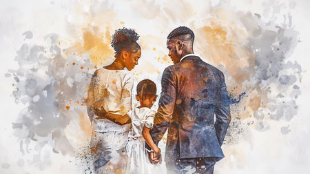 African American family watercolor illustration, mother father and child holding hands, concept of love togetherness and family bond.の素材