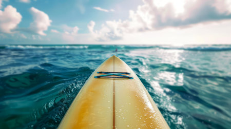 Surfboard floating on clear turquoise ocean water with bright sky in backdrop. Surfing concept. Tropical getaway, summer vacation, aquatic sport adventure.の素材