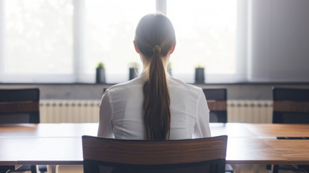Caucasian woman with blonde hair sitting alone in a modern office conference room. Concept of business, solitude, contemplation, workplace.の素材