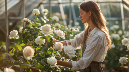 Caucasian woman tending to white roses in a greenhouse. Female gardener working with blooming roses. Concept of horticulture, gardening, floral care, and nature.の素材
