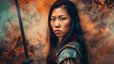 Asian woman in traditional samurai armor with sword on back. Japanese female warrior. Concept of strength, tradition, combat readiness, cultural heritage.の素材