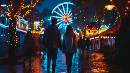 Couple walking through a festive night carnival with colorful lights. Man and woman in amusement park. Romantic evening, holiday, festive atmosphere, night out concept.の素材