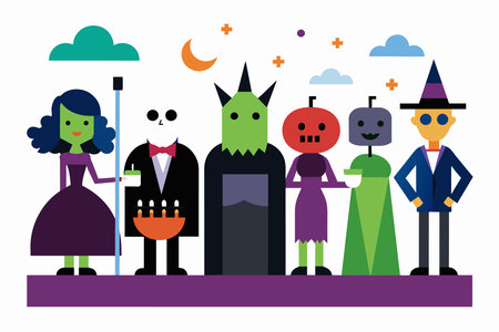 Cartoon Halloween characters including a witch, skeleton, monster, and robots. Group of spooky figures in colorful costumes. Halloween, spooky, costume, character concept. Isolated on whiteのイラスト素材