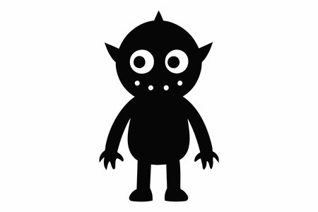 Monochromatic cartoon monster with claws and horns. Fantasy creature, scary character concept, horror theme. Black silhouette isolated on white background.のイラスト素材