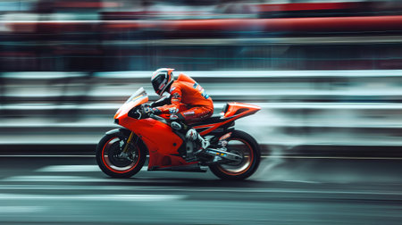 Speeding motorcycle racer in full gear on high-performance bike on a racetrack. Concept of speed, motorsport, racing competition, thrill.の素材