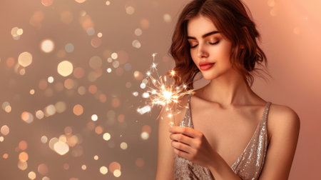Caucasian woman holding a sparkler with bokeh lights. Concept of celebration, festive mood, joyful moments, and elegant party night. Banner. Copy space. Christmas, New Year.の素材