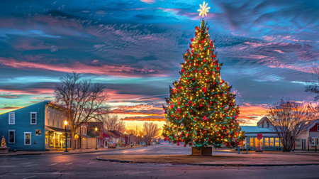 Festive Christmas tree illuminated with colorful lights in a small town square at sunset. Concept of holiday decorations, festive atmosphere, community celebration, winter season.の素材