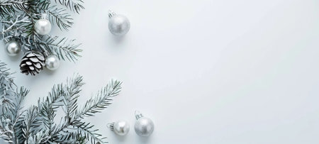 Sparkling silver Christmas ornaments with pine branches and pine cones on a white background. Concept of holiday decoration, festive season, winter celebration, Christmas design. Banner. Copy space.の素材