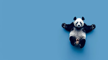 Relaxed Panda Bear on Blue Background. Cute Animal Posing. Concept of Nature, Wildlife, Funny Panda. Copy space.の素材
