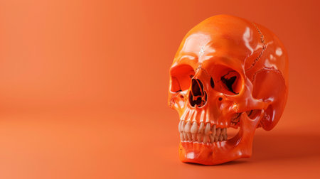 Orange skull in a vibrant background. Concept of anatomy, human bone structure, medical study, vibrant art, Halloween Decor, Day of the Dead. Copy space.の素材