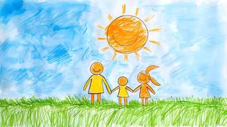 Drawing of a family under the sun on an aquarelle background. Concept of family bonding, happiness, childhood, artwork. Kids drawing.の素材