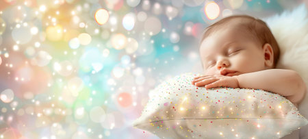 Sleeping Caucasian baby on a glittering pillow, surrounded by soft lights. Concept of infancy, peaceful sleep, newborn comfort. Copy space.の素材