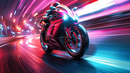 Brightly colored neon motorcycle with a rider in motion. Concept of speed, adrenaline, futuristic design, and racing.の素材