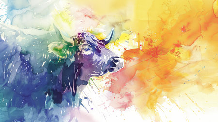 Watercolor illustration of a buffalo head in vibrant colors. Concept of animal art, wildlife, abstract design, native culture.の素材