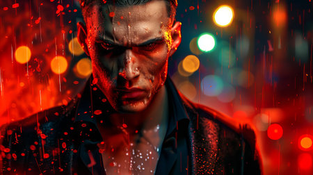 Caucasian male in dramatic rain with city lights in the background. Concept of intense emotion, urban night, male model, cinematic scene.の素材