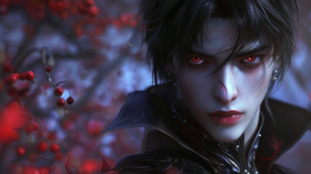 Mysterious pale male vampire with red eyes in dark attire amidst red berries. Concept of fantasy character, gothic aesthetic, mysterious figure. Halloween.の素材